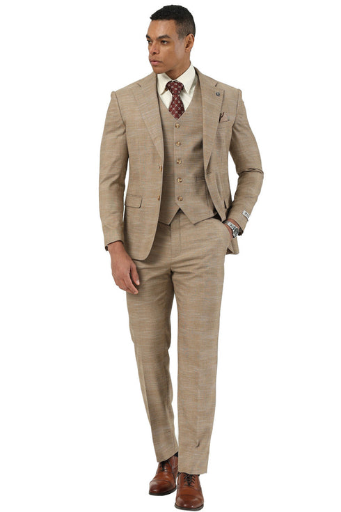 Men's Stacy Adams Vested Sharkskin Pattern Business Suit in Tan