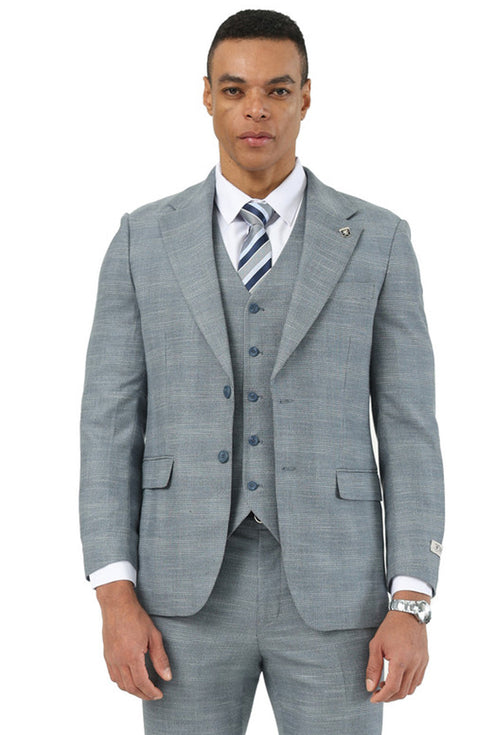 Men's Stacy Adams Vested Sharkskin Pattern Business Suit in Light Grey