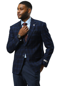 Men's Stacy Adams Modern Fit Business Sport Coat Blazer in Dark Navy Blue Plaid