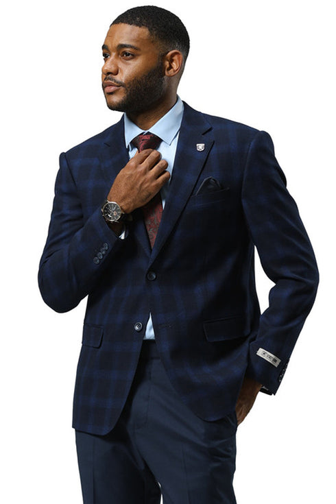 Men's Stacy Adams Modern Fit Business Sport Coat Blazer in Dark Navy Blue Plaid