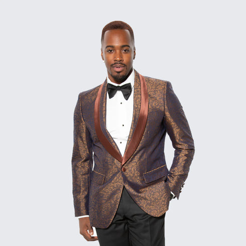 Mens Paisley Tuxedo with Brown Satin Lapel and Pants – Formal Wedding Suit