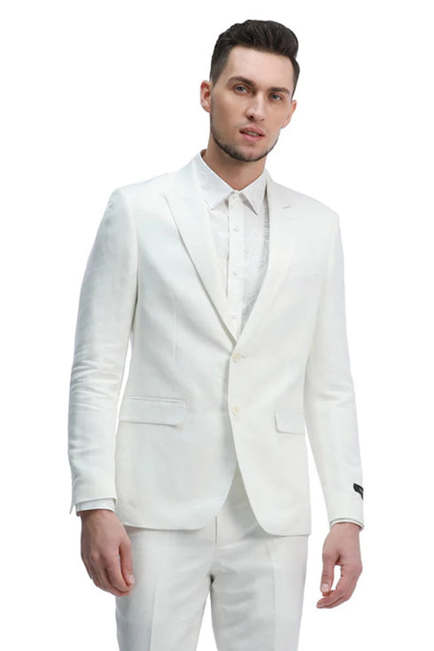 White Wedding Suit For Men - Perfect For Groom -Men's Two Button Peak Lapel Summer Linen Style Beach Wedding Suit In White