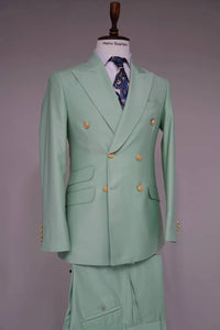 Mens Sage Green Double-Breasted Suits with Gold Button – Formal Slim Fit 2-Piece Pistachio Color