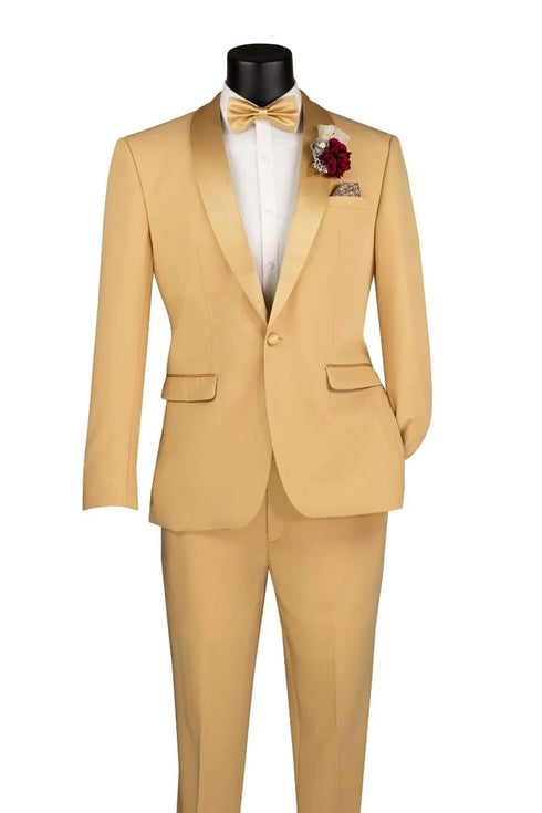 Light Gold Tuxedo Suit for Men – Elegant Two-Piece Wedding and Prom Suit with Satin Shawl Lapel - Mustard Color
