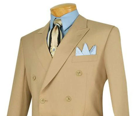 Ramses Collection - Beige Regular Fit Double Breasted 2 Piece Suit with Flexible Elastic Waistband