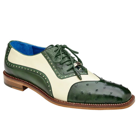 Men's Belvedere Sesto Italian Calf & Ostrich Quill Wingtip Dress Shoe in Green & White