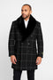 Mens Black Windowpane Wool Overcoat with Faux Fur Shawl Collar – Double-Breasted Long Coat