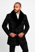 Mens Black Windowpane Wool Overcoat with Faux Fur Shawl Collar – Double-Breasted Long Coat