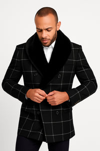 Mens Black Windowpane Wool Overcoat with Faux Fur Shawl Collar – Double-Breasted Long Coat