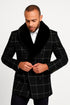 Mens Black Windowpane Wool Overcoat with Faux Fur Shawl Collar – Double-Breasted Long Coat
