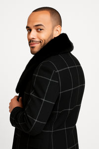 Mens Black Windowpane Wool Overcoat with Faux Fur Shawl Collar – Double-Breasted Long Coat
