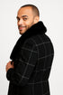 Mens Black Windowpane Wool Overcoat with Faux Fur Shawl Collar – Double-Breasted Long Coat