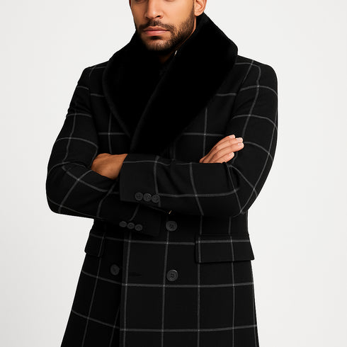 Mens Black Windowpane Wool Overcoat with Faux Fur Shawl Collar – Double-Breasted Long Coat
