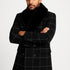 Mens Black Windowpane Wool Overcoat with Faux Fur Shawl Collar – Double-Breasted Long Coat