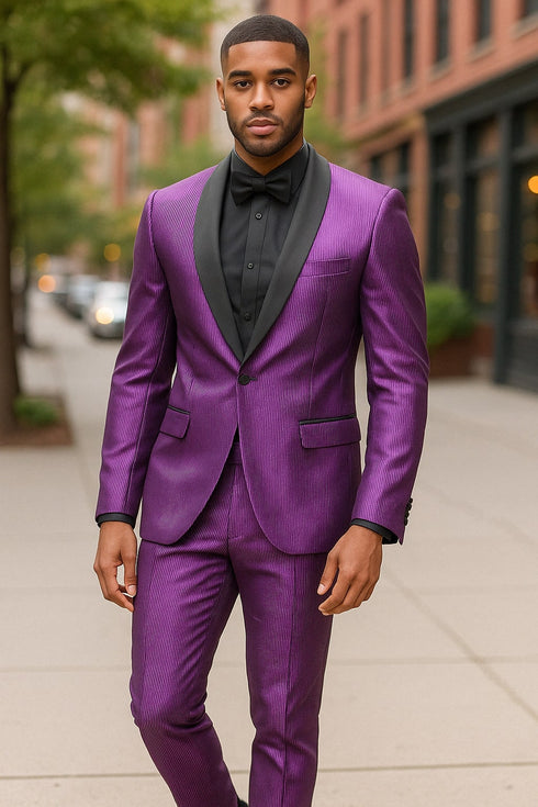 Mens Shiny Purple Tuxedo Jacket with Black Satin Shawl Lapel – Formal Party Blazer for Prom and Weddings