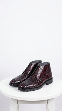 Los Altos Men’s Black Cherry Caiman Belly Boots, Lug Sole Exotic Lace-Up Ankle Boots