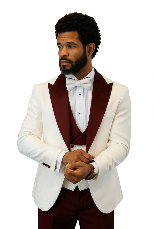 Hilton White and Burgundy Paisley Peak Lapel Tuxedo Jacket with Matching Shawl Vest and Wool Pants – Includes Bow Tie