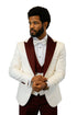 Hilton White and Burgundy Paisley Peak Lapel Tuxedo Jacket with Matching Shawl Vest and Wool Pants – Includes Bow Tie