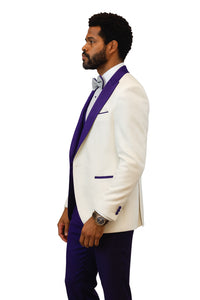 Hilton White and Purple Paisley Peak Lapel Tuxedo Jacket with Matching Shawl Vest and Wool Pants – Includes Bow Tie