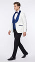Marco Lorenzo Premium White Paisley 4 Piece Suit with Royal Blue Velvet Shawl Lapel and Matching Bow Tie