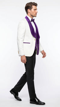Marco Lorenzo Premium White Paisley 4 Piece Suit with Purple Velvet Shawl Lapel and Matching Bow Tie