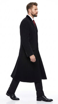 Men’s Black Chesterfield Overcoat, Full Length Wool and Cashmere Dress Coat