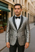 Silver and Black Tuxedo Blazer with Matching Bow Tie - Paisley Sport Coat For Prom or Wedding