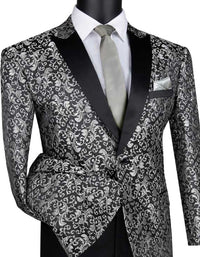 Prom Tuxedo 2026 - Mens Paisley Embroidered Regular Fit Sport Coat Silver Grey Tuxedo