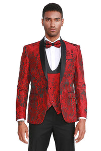 Men's Slim Fit One Button Vested Paisely Shawl Lapel Prom Tuxedo In Red