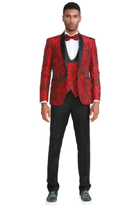 Men's Slim Fit One Button Vested Paisely Shawl Lapel Prom Tuxedo In Red
