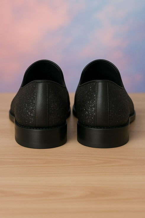 Men's Black Glitter Loafers with Spike Studded Toe – Designer Slip-On Dress Shoes for Parties and Events