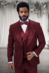 Men's Designer Wool Shawl Lapel Vested Tuxedo with Rhinestones in Burgundy