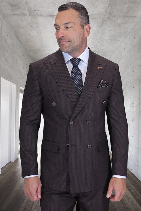 Men's Designer Double Breasted Wool Suit in Brown Micro Plaid