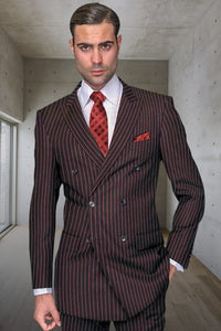 Men's Designer Double Breasted Wool Suit in Bold Black & Red Gangster Pinstripe.
