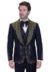 Men's Designer Embelished Rhinestone Jacquard Pattern Wedding & Prom Tuxedo in Black & Gold