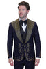 Men's Designer Embelished Rhinestone Jacquard Pattern Wedding & Prom Tuxedo in Black & Gold