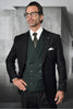 Men's Designer Two Button Vested Wool & Cashmere Suit in Black & Hunter Green Windowpane Plaid