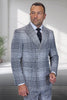 Men's Designer Wool Double Breasted Suit in Natural Grey Houndstooth Glen Plaid