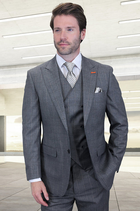 Men's Designer Vested One Button Peak Lapel Wool Suit in Grey Windowpane Plaid