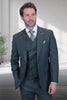 Men's Designer Vested One Button Peak Lapel Wool Suit in Olive Windowpane Plaid
