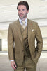 Men's Designer Vested One Button Peak Lapel Wool Suit in Tan Windowpane Plaid