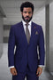 Men's Designer Two Button Peak Lapel Wool Suit in Navy Blue Windowpane Plaid