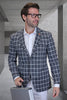 Men's Modern Fit Patch Pocket Designer Wool Summer Blazer in Black Windowpane Plaid