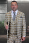 Men's Designer Two Button Modern Fit Vested Wool Suit in Tan Glen Plaid