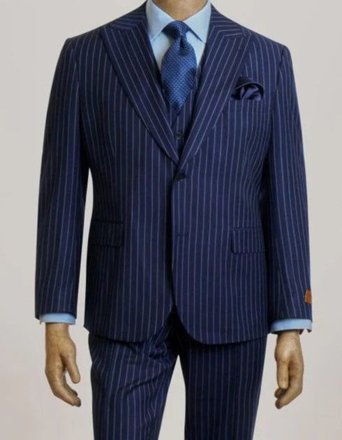 Mens Navy Pinstripe Suit - Designer Brand Suit No Pleated Pants Modern Fit