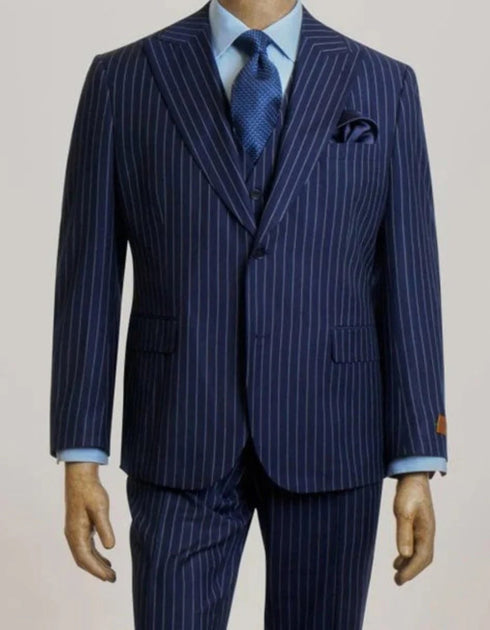 Mens Peak Lapel Modern Fit - No Pleated Pants Designer Brand Navy 3 Piece Vested Suit