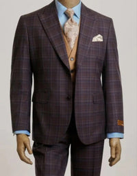 Mens Peak Lapel Modern Fit - No Pleated Pants Designer Brand Purple 3 Piece Vested Suit