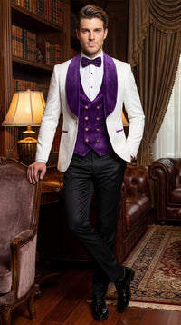 Marco Lorenzo Premium White Paisley 4 Piece Suit with Purple Velvet Shawl Lapel and Matching Bow Tie
