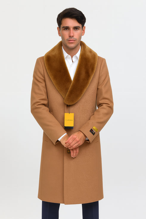 Mens Full Length And Cashmere Overcoat - Winter Topcoats - Light Brown Coat - Dark Camel - Vecuna Color