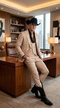 Mens Light Beige Western 3-Piece Suit – Cowboy Tuxedo with Shawl Lapel